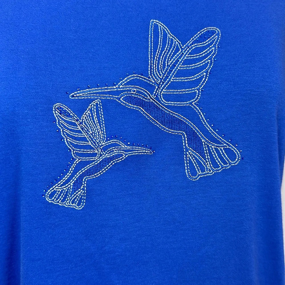 NWOT Royal blue short sleeve t-shirt hummingbird embroidery blue  crystals 10-12 - Picture 2 of 7